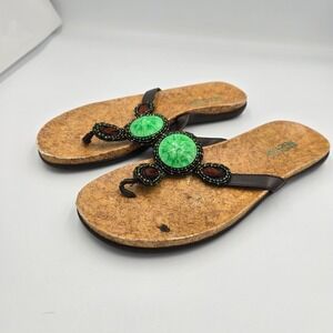 Kenneth Cole Reaction Sandals Thong‎ Beaded Green Brown Cork Size 7.5